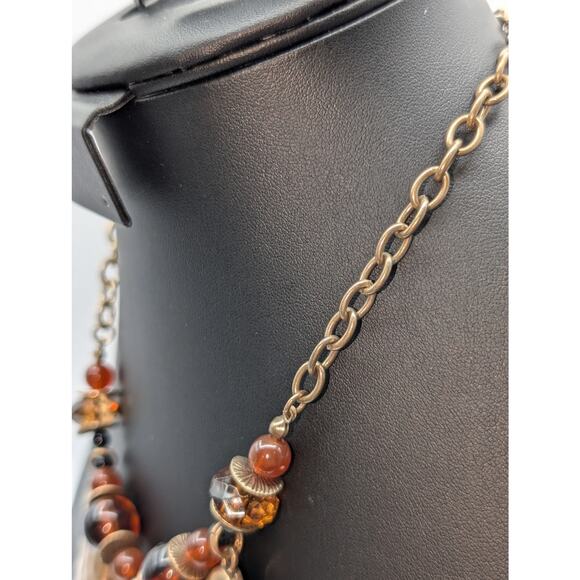 Gold Tone Three Large Amber Look Lucite Teardrop Dangles Beaded Chain Necklace - Picture 3 of 7